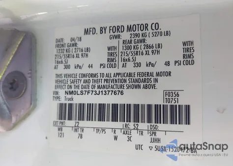 2018 Ford Transit Connect Xlt z USA, uszkodzony, nr VIN NM0LS7F73J1377676